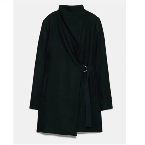 ZARA MANTECO Italian Luxury Wool Black Asymmetrical Belted Jacket Colins Coat M - Picture 16 of 16